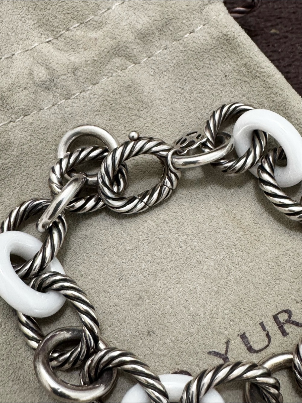 David Yurman Sterling Silver Oval Link Bracelet with White Ceramic Links - Picture 8 of 11